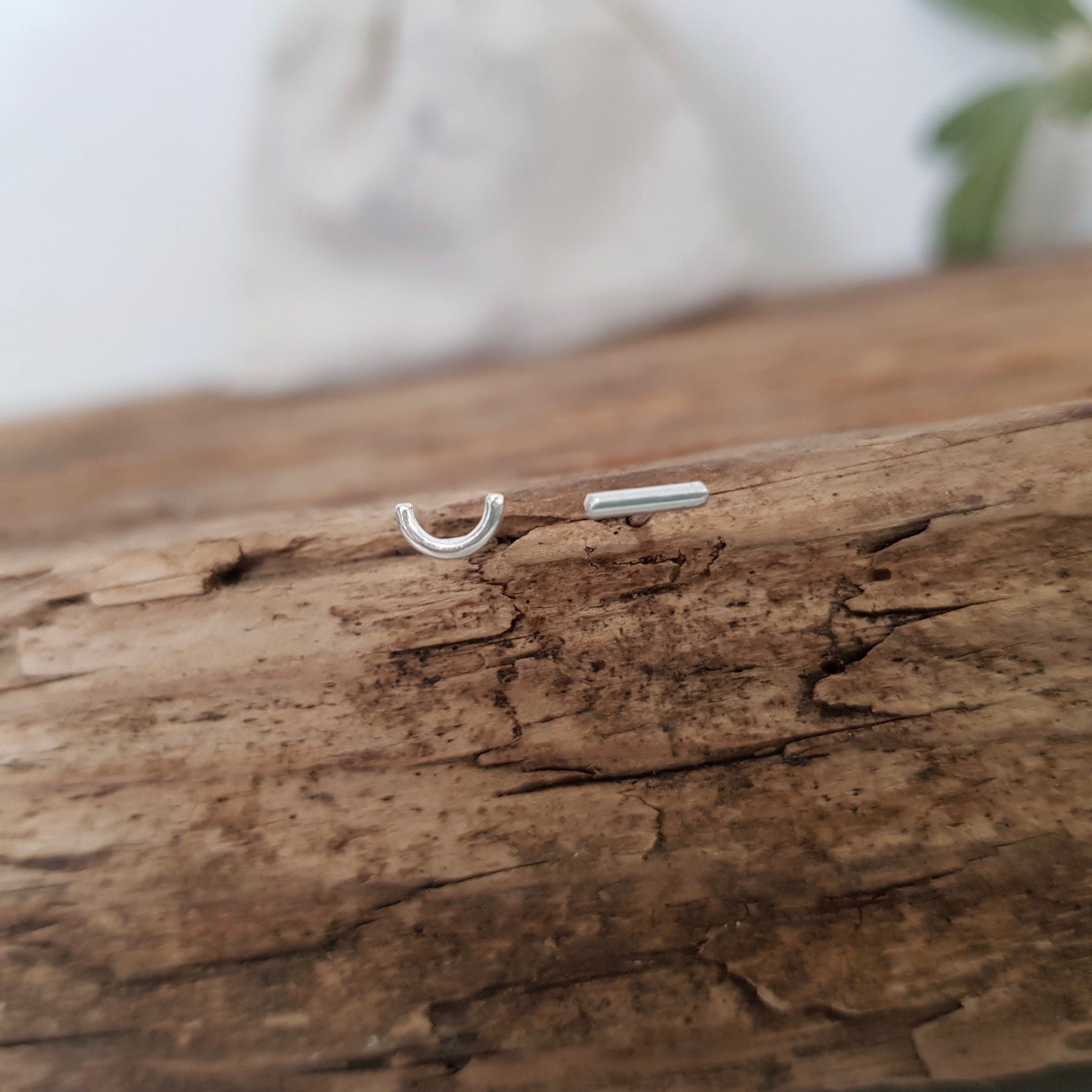 Mismatched Handmade Silver Studs Earrings - Semi Circle and Dash Earrings Anna Calvert Jewellery UK