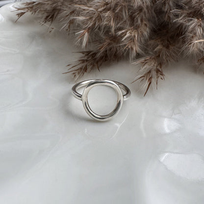 Silver circle ring on a white surface with dried plants in the background