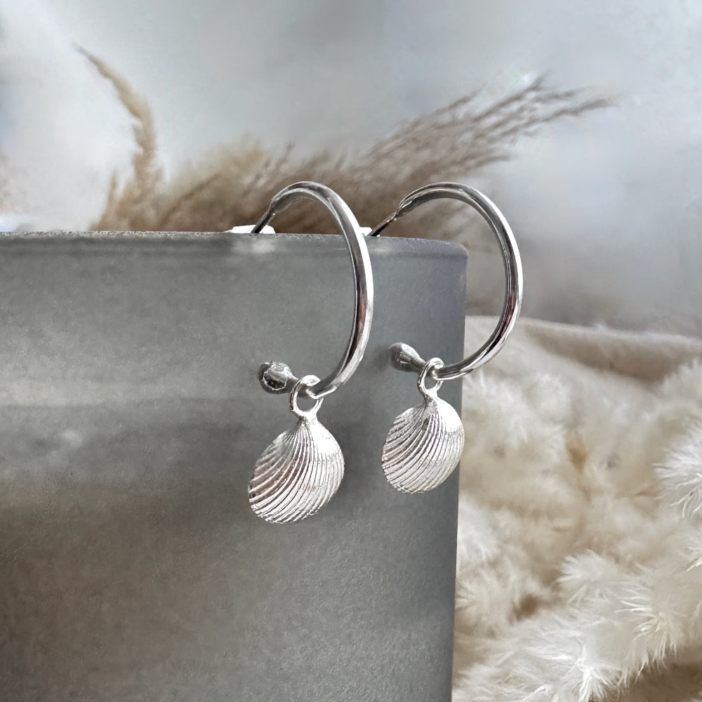 Silver hoop earrings with Cockle shell charms on a soft  natural background