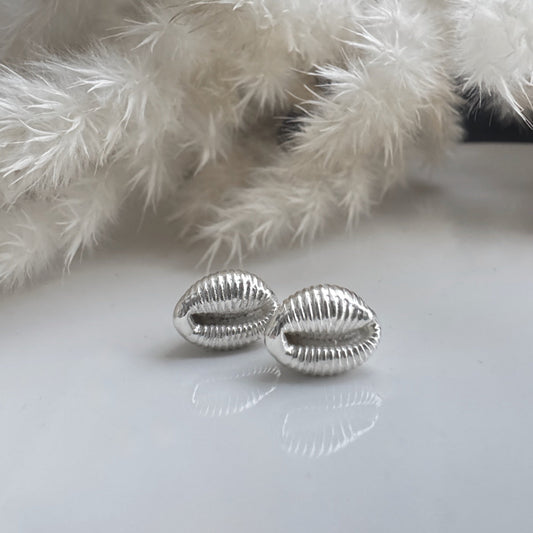 Silver cowrie shell stud earrings on a white surface with a fluffy white background