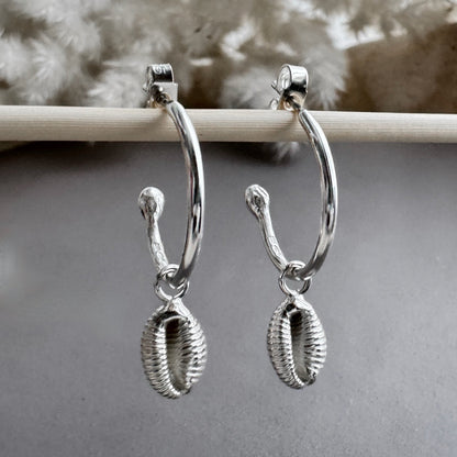 Silver  hoop earrings with a cowrie shell  charm on a gray surface with a blurred natural background
