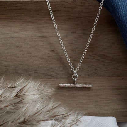 Silver Hammered T-bar  pendant on a wooden surface with pampas grass