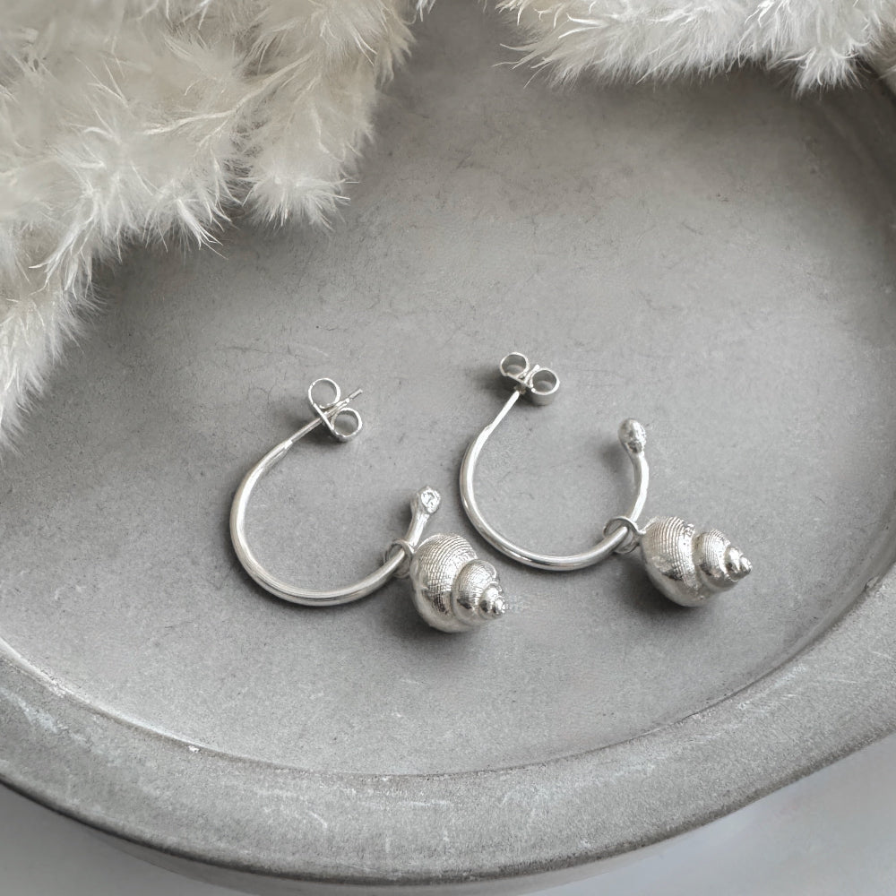 Silver periwinkle shell hoop earrings on a gray surface with white feathers in the background