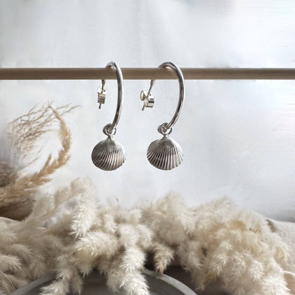 Silver cockle shell hoop earrings on a wooden stick with a soft white background