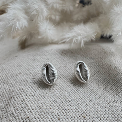 Silver Groatie Buckie shell stud earrings on a textured fabric surface