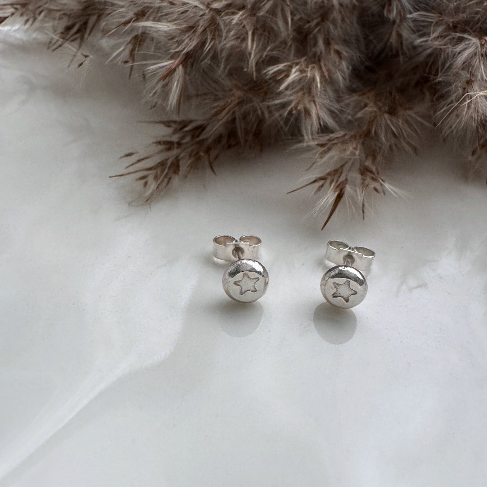 Silver star earrings on a white surface with dried plants in the background