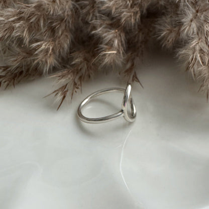 Silver ring on a white surface with dried plants in the background