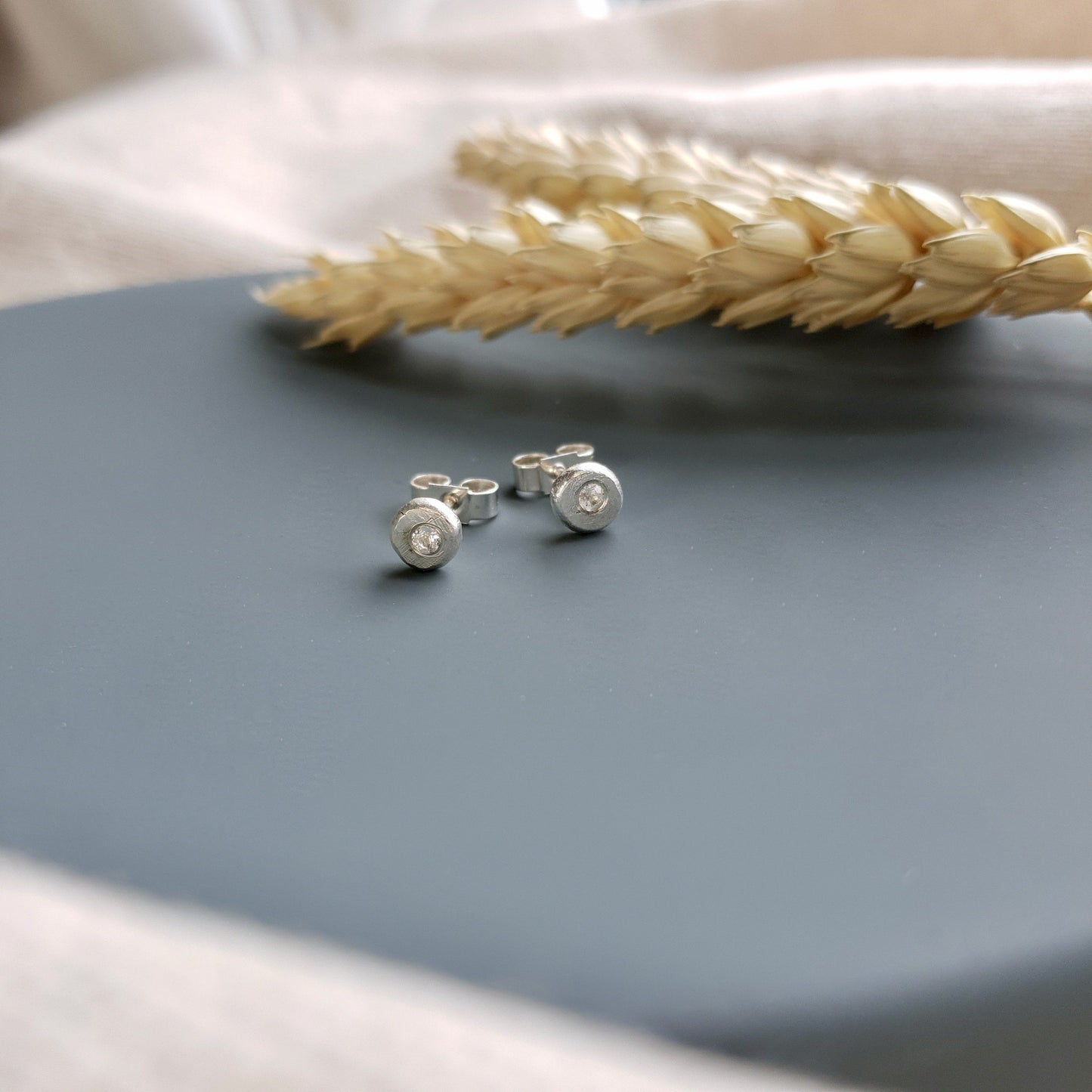 White Topaz & Silver Studs Earrings Handmade by Anna Calvert Jewellery in the UK