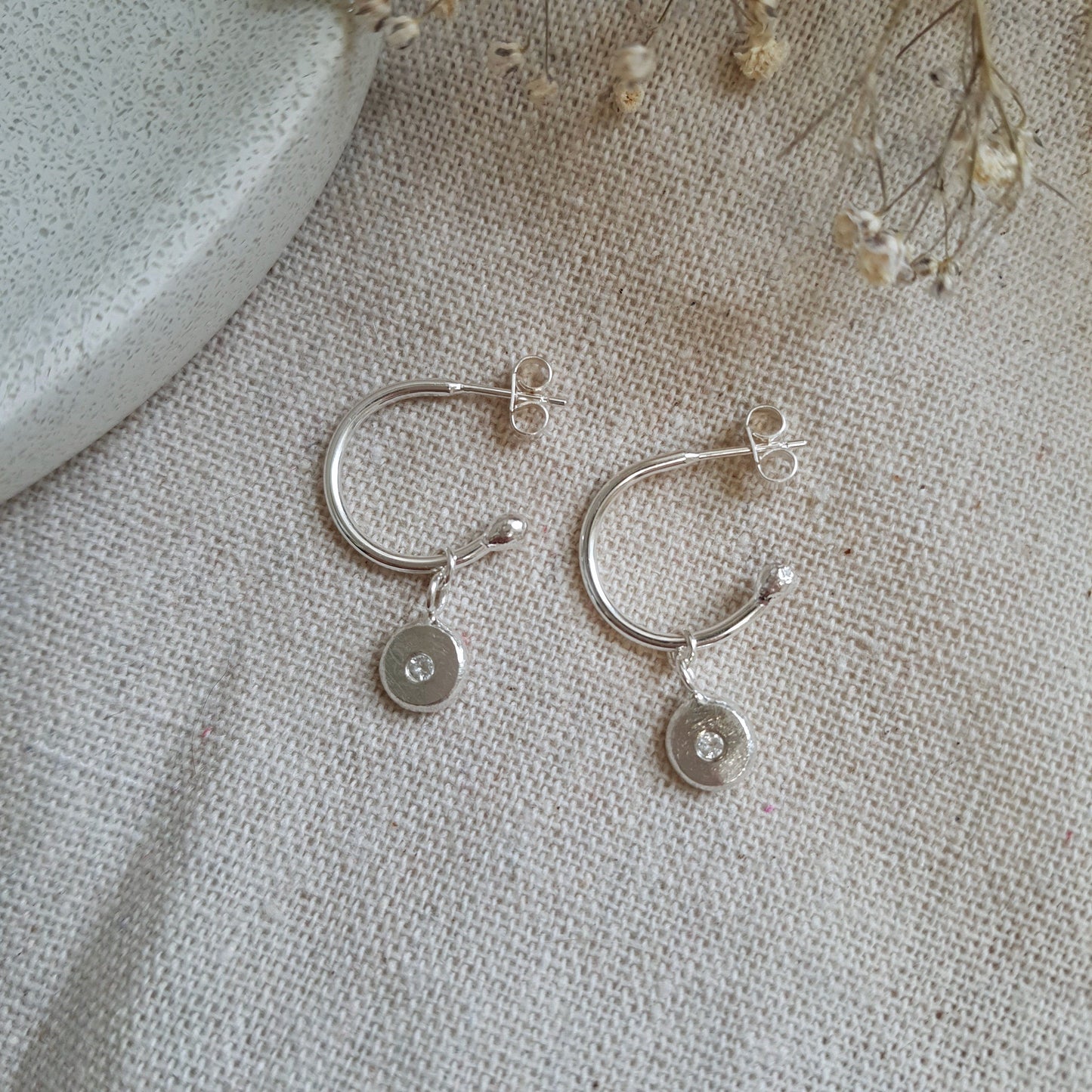 White Topaz & Silver Hoop Earrings  handmade silver Earrings by Anna Calvert Jewellery in the UK