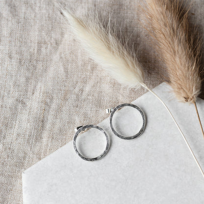 Large Hammered Circle Silver Studs Earrings Hanmade by Anna Calvert Jewellery in the UK