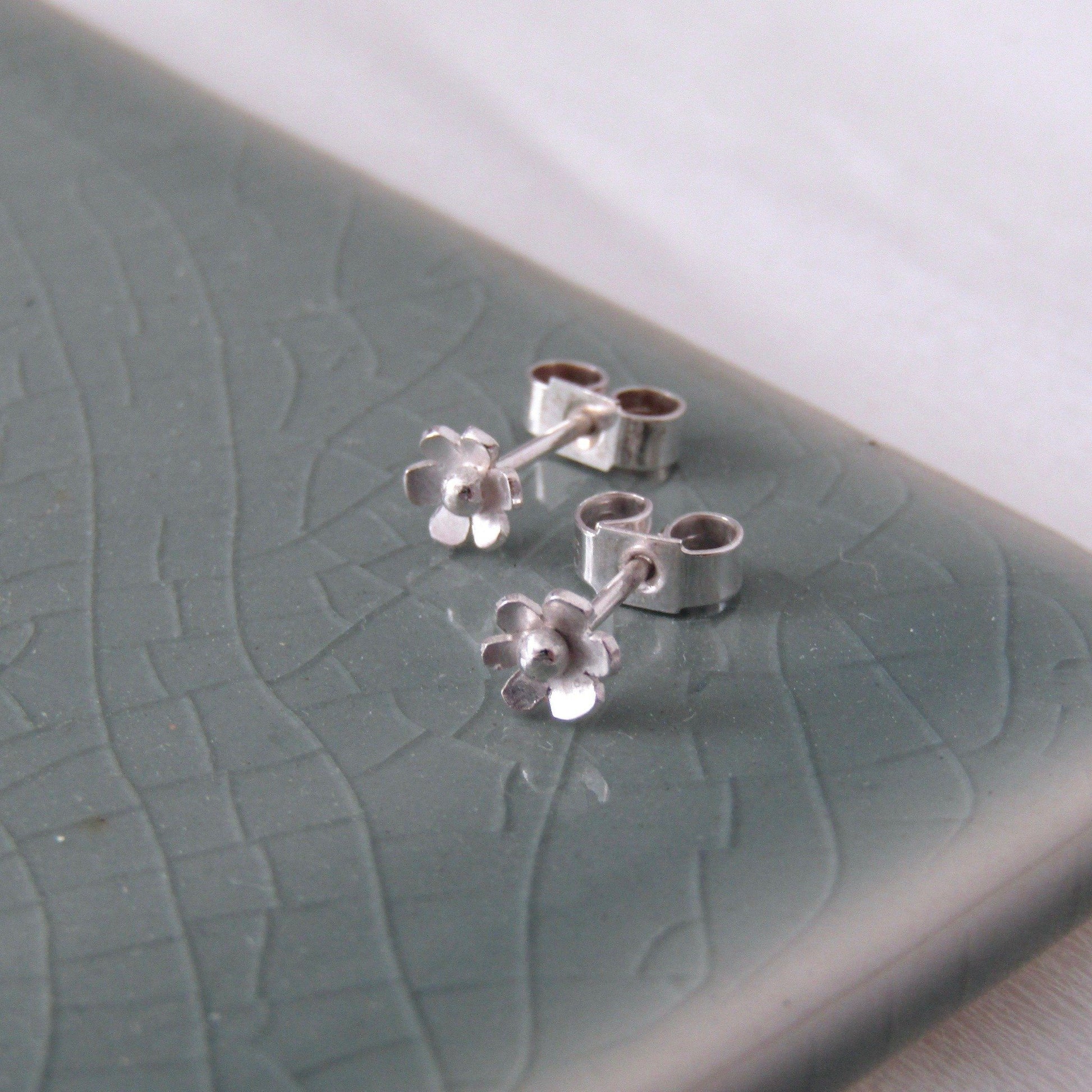 Tiny Silver Hawthorn Flower Studs Earrings Handmade by Anna Calvert Jewellery UK