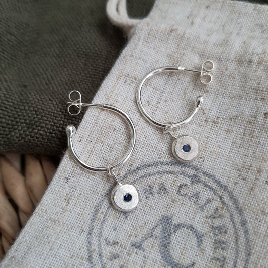 Sapphire & Silver Hoop Earrings Handmade by Anna Calvert Jewellery in the UK