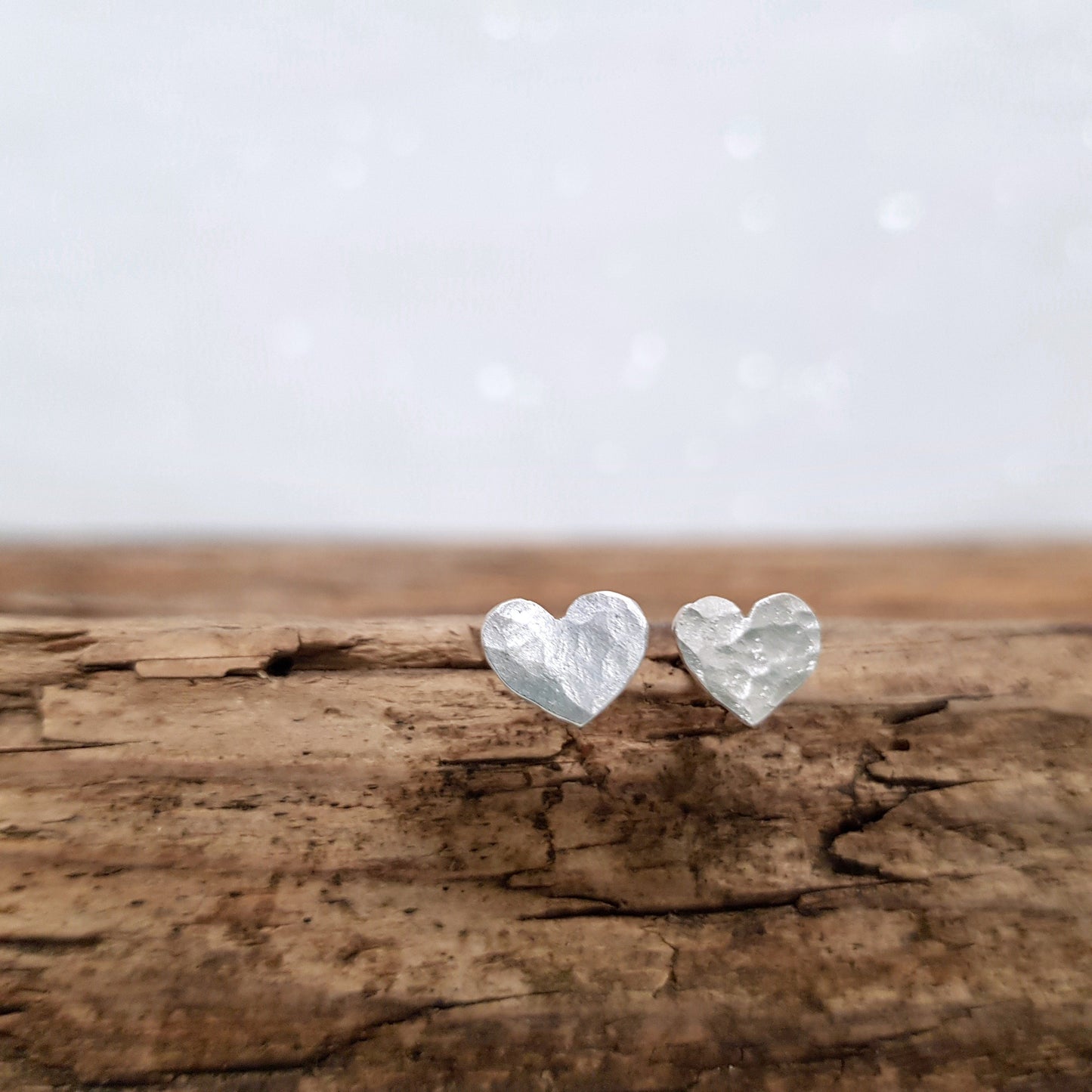 Silver Hammered Heart Studs Earrings Handmade by Anna Calvert Jewellery 
