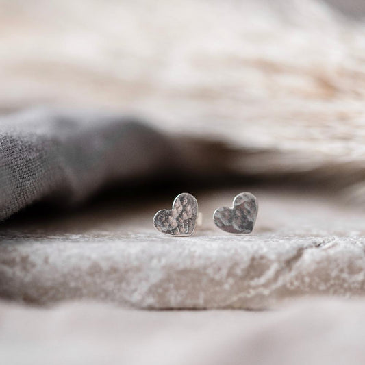 Silver Hammered Heart Studs Earrings Handmade by Anna Calvert Jewellery 