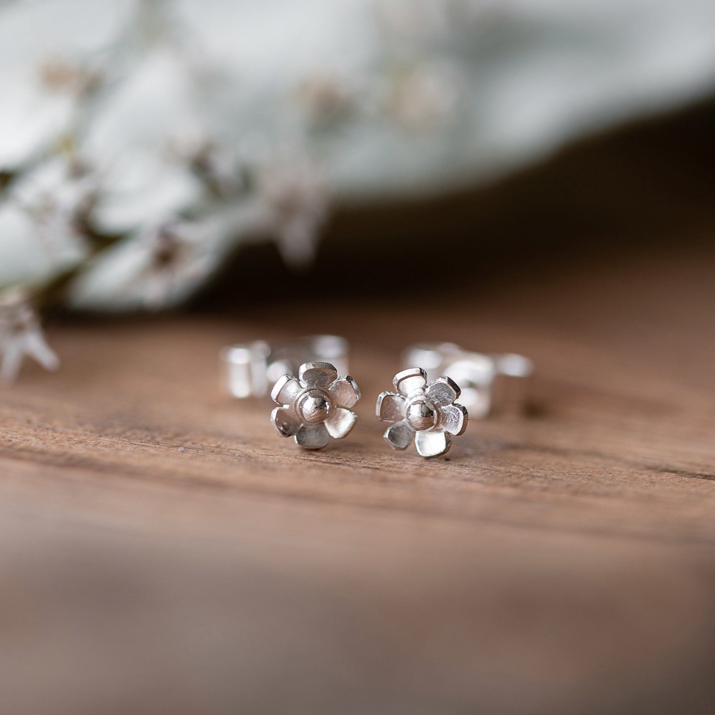 Tiny Silver Hawthorn Flower Studs Earrings Handmade by Anna Calvert Jewellery UK