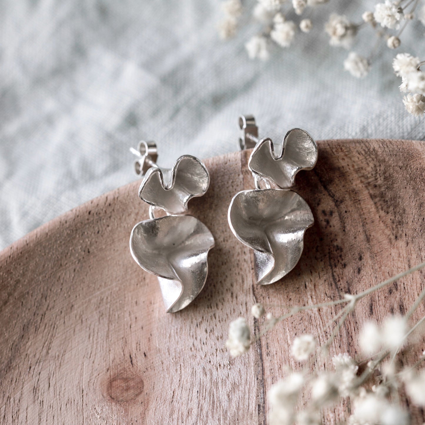 Silver Double Blossom Studs Earrings Handmade by Anna Calvert Jewellery in the UK