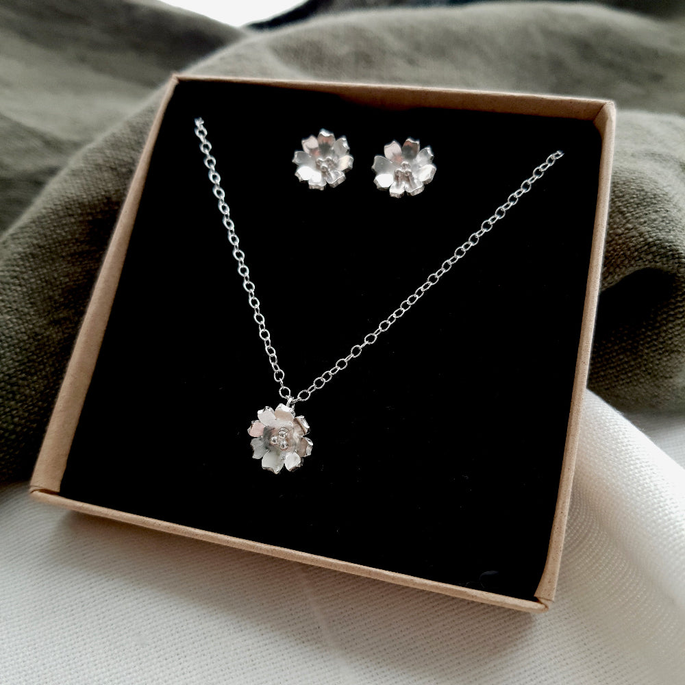 flower earring and necklace gift set displayed in a box with a black insert