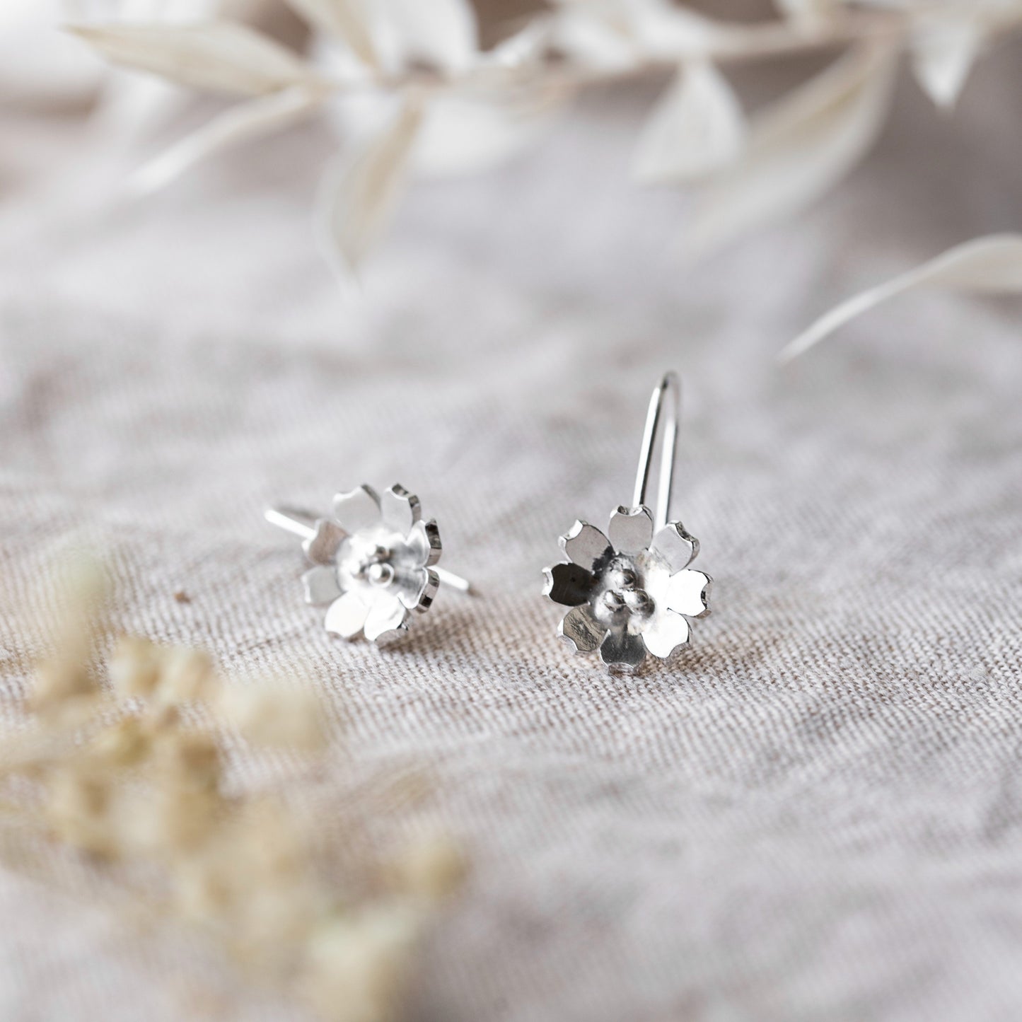 Dangly Silver Flower Hook Earrings, Handmade by Anna Calvert Jewellery in the UK