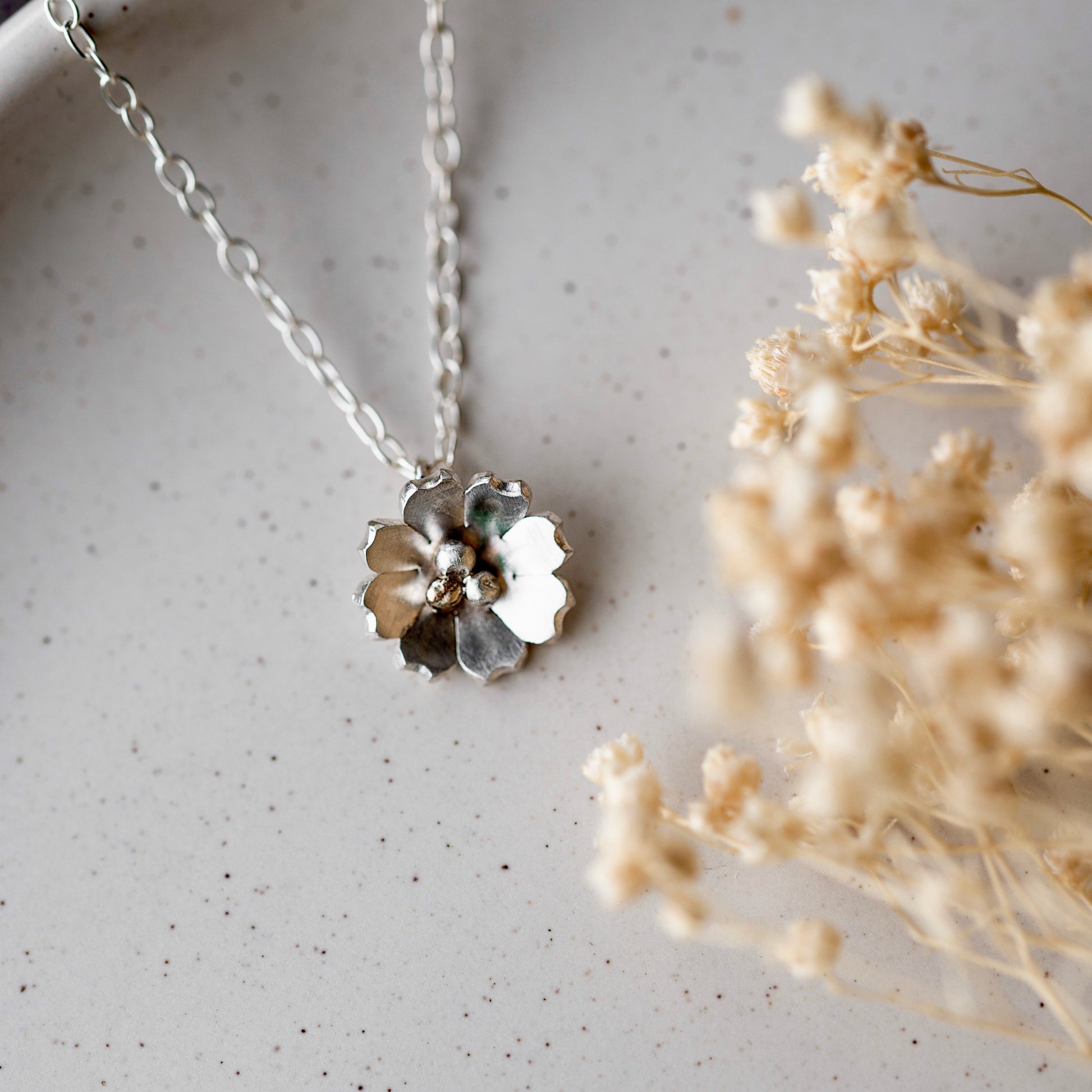 Silver Flower Necklace Handmade by Anna Calvert Jewellery