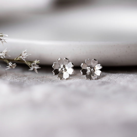 Silver Flower Stud Earrings Handmade by Anna Calvert Jewellery UK