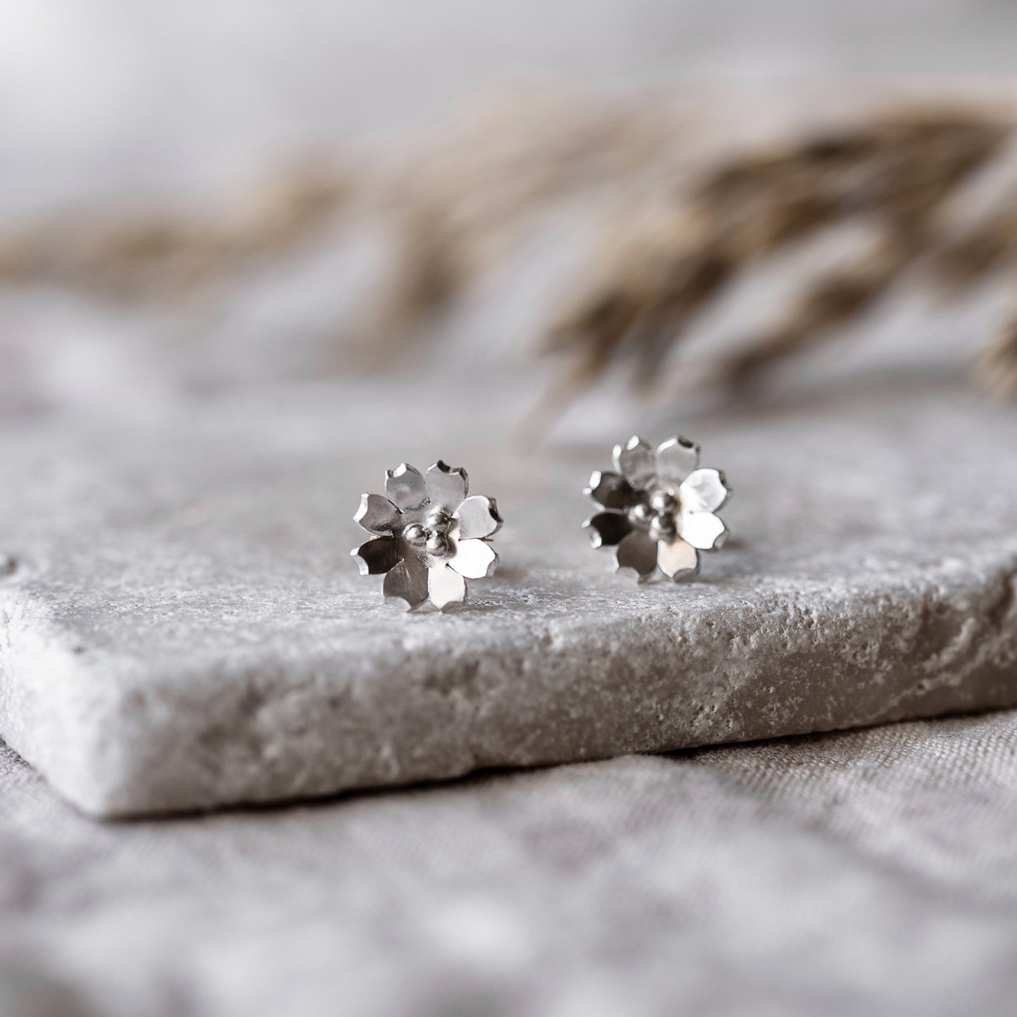 Silver Flower Stud Earrings, Handmade by Anna Calvert Jewellery UK