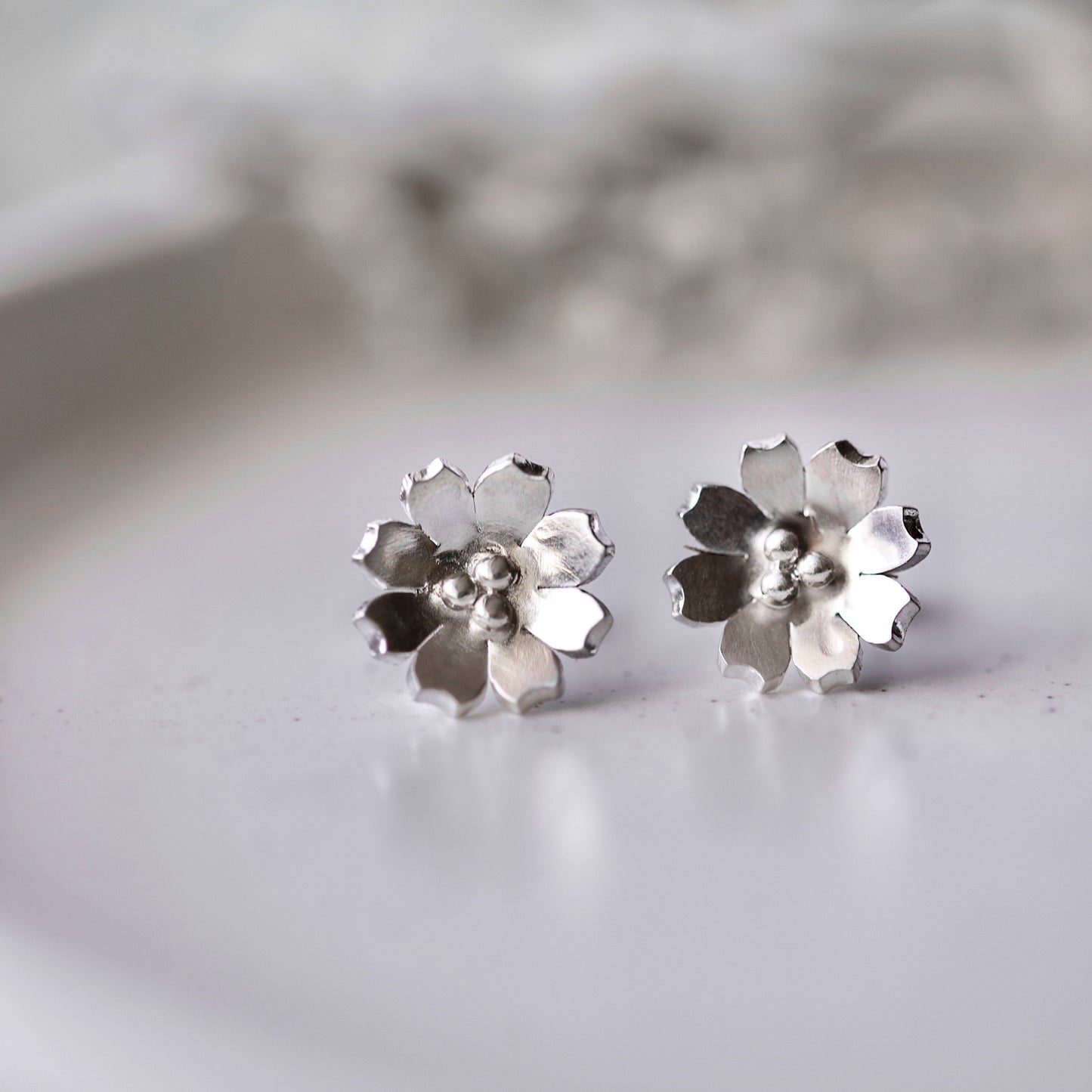Silver Flower Stud Earrings. Handmade by Anna Calvert Jewellery UK
