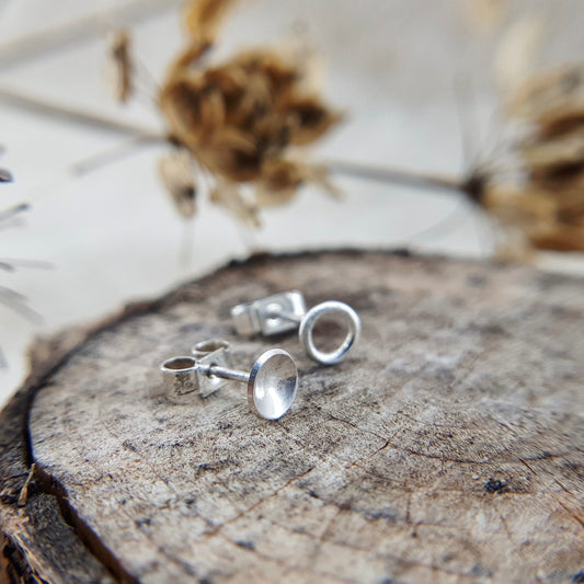 Mismatched Silver Studs - Dome and Circle Silver Earrings Handmade by Anna Calvert Jewellery in the UK